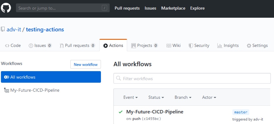 A screenshot of GitHub workflow actions repository.